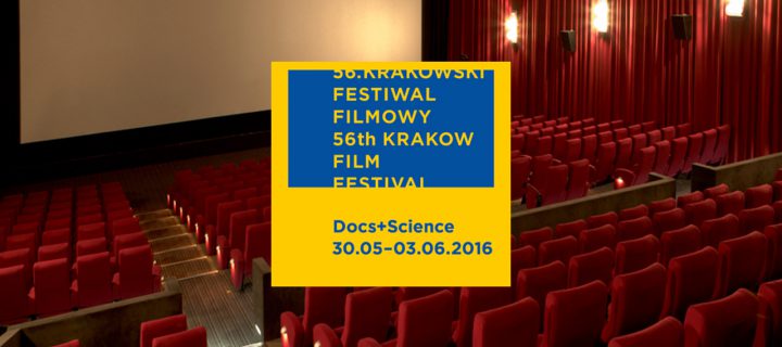 Baner z okładką książki DOCS+SCIENCE na 56.KRAKOWSKIM FESTIWALU FILMOWYM