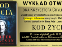 Baner z okładką książki „Kod życia” Waltera Isaacsona – zaproszenie na wykład pop-sci o CRISPR