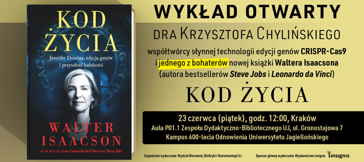 Baner z okładką książki Kod życia. Zaproszenie na wykład otwarty 23 czerwca o godzinie 12.00 w Krakowie (ulica Gronostajowa 7)