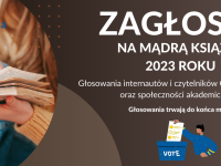 Baner z okładką książki Głosowania internautów i czytelników Gazety Wyborczej oraz społeczności UJ na Mądrą Książkę Roku 2023