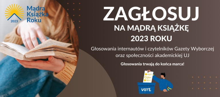 Baner promujący głosowanie internautów i czytelników Gazety Wyborczej oraz społeczności akademickiej UJ w konkursie Mądra Książka Roku 2023