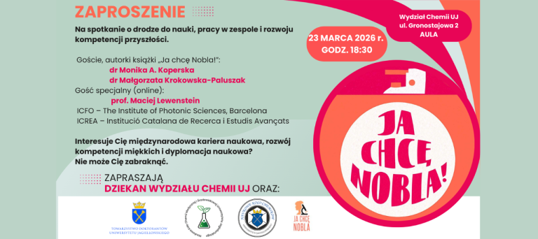 Baner z zaproszeniem na spotkanie autorskie wokół książki Ja chcę Nobla! Jak odnaleźć się w świecie nauki?